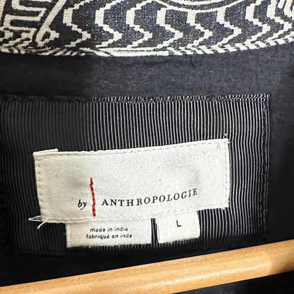 ANTHROPOLOGIE Linen Long Sleeve Collared Mini Dress Black White Sz L {Z36} - Picture 4 of 6